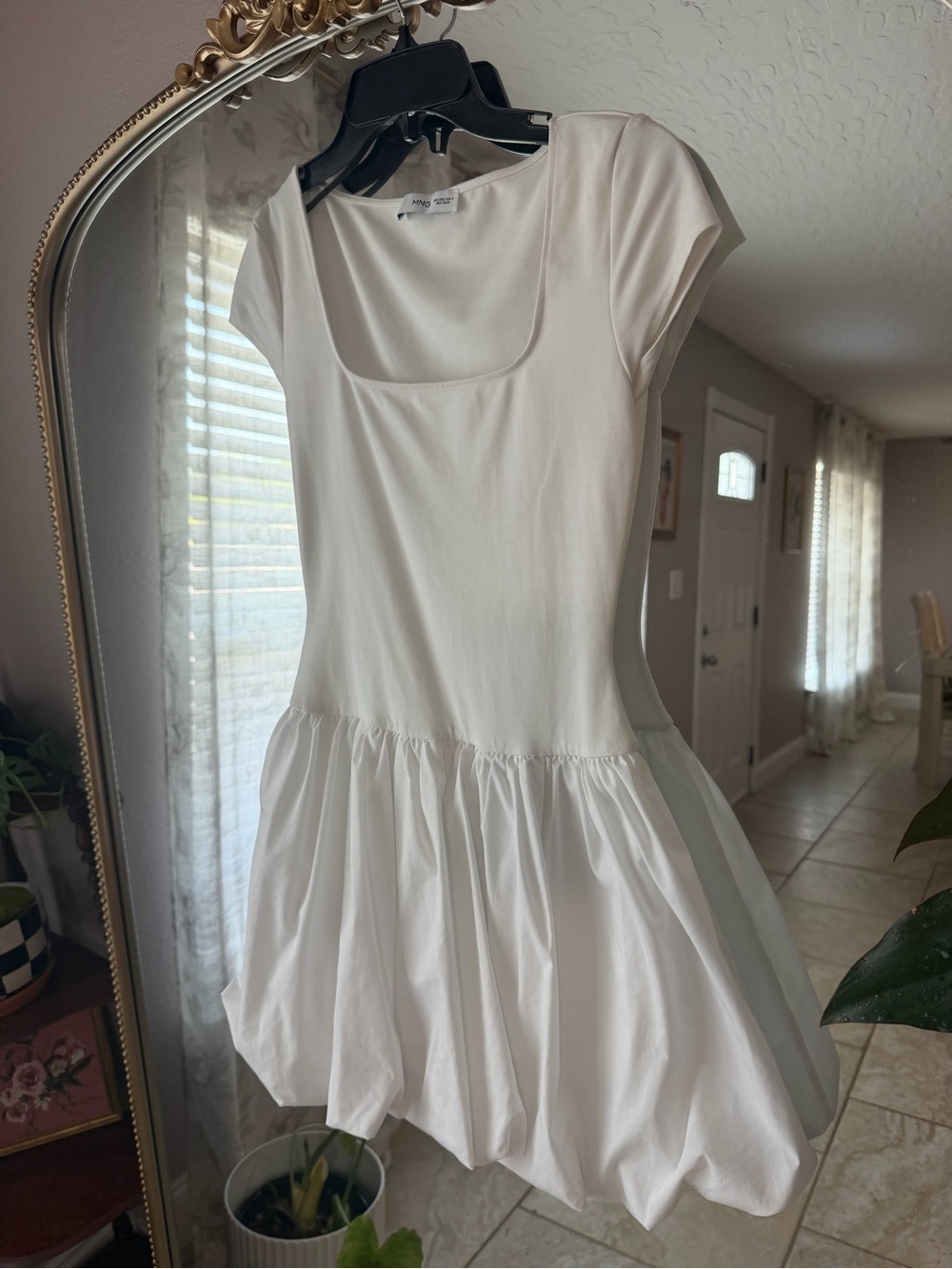 Mango White Scoop Neck Bubble Hem Dress